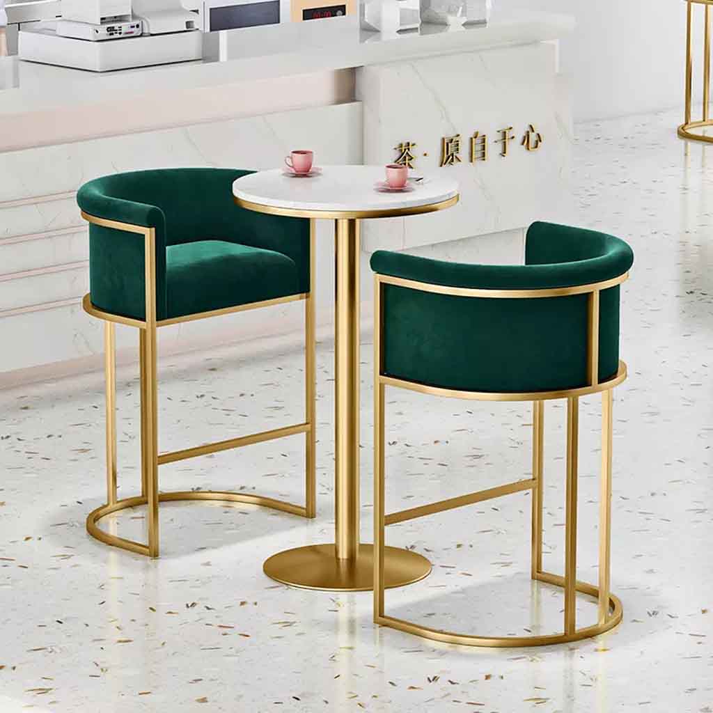 Modern Velvet Bar Chair Set with Gold Metal Frame and Round Marble Table – Luxury Dining or Lounge Set