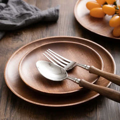 Elegant Polished Wooden Plate Set with Stainless Steel Cutlery