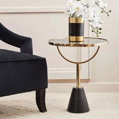 Modern Black & Gold Side Table with Metal Base and Marble-Style MDF Top