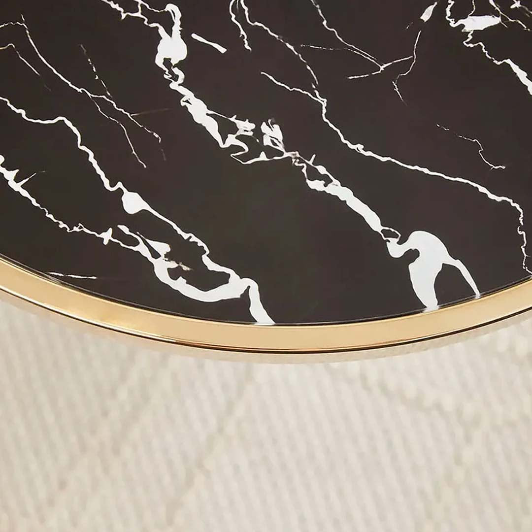 Modern Black & Gold Side Table with Metal Base and Marble-Style MDF Top