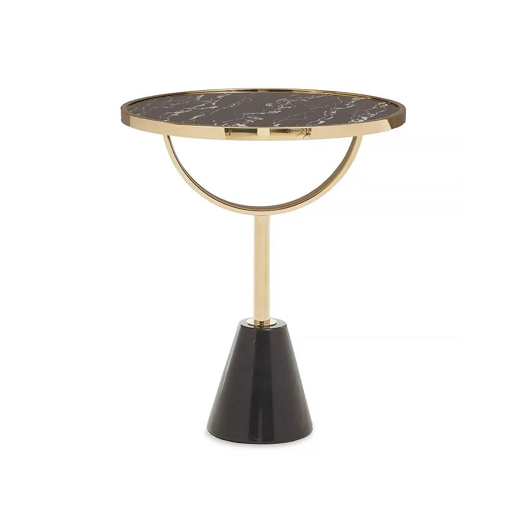 Modern Black & Gold Side Table with Metal Base and Marble-Style MDF Top