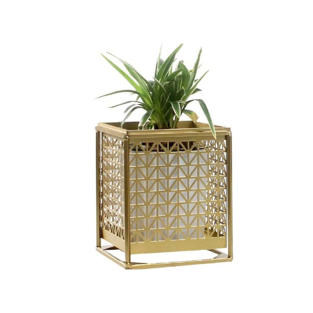 Geometric Gold Metal Planter Set with CNC Cut Design