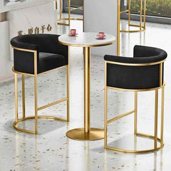 Modern Velvet Bar Chair Set with Gold Metal Frame and Round Marble Table – Luxury Dining or Lounge Set