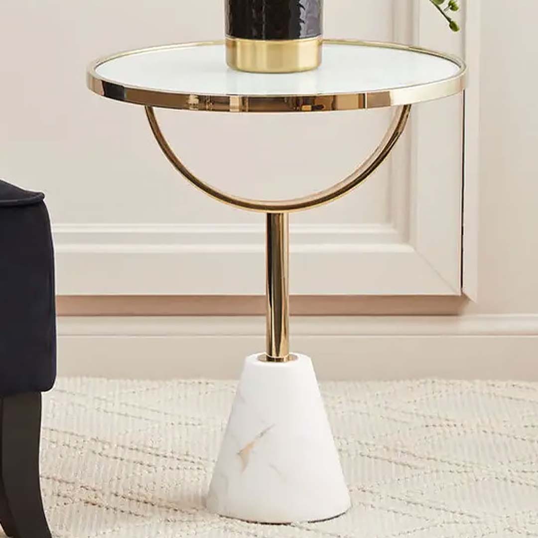 Modern Black & Gold Side Table with Metal Base and Marble-Style MDF Top