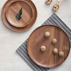 Elegant Polished Wooden Plate Set with Stainless Steel Cutlery