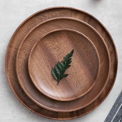 Elegant Polished Wooden Plate Set with Stainless Steel Cutlery