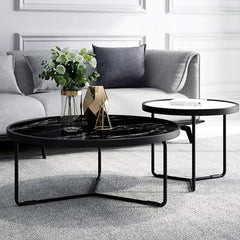 Round Nesting Table from Marble-Style Top and Metal, Modern Space-Saving Compact Side Coffee Table