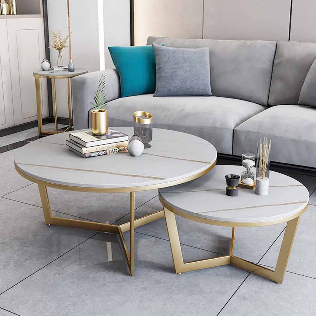 Modern Nested Coffee Table Set with Gold Metal Frame and Round Marble-Inspired Top – Luxury Living Room Accent