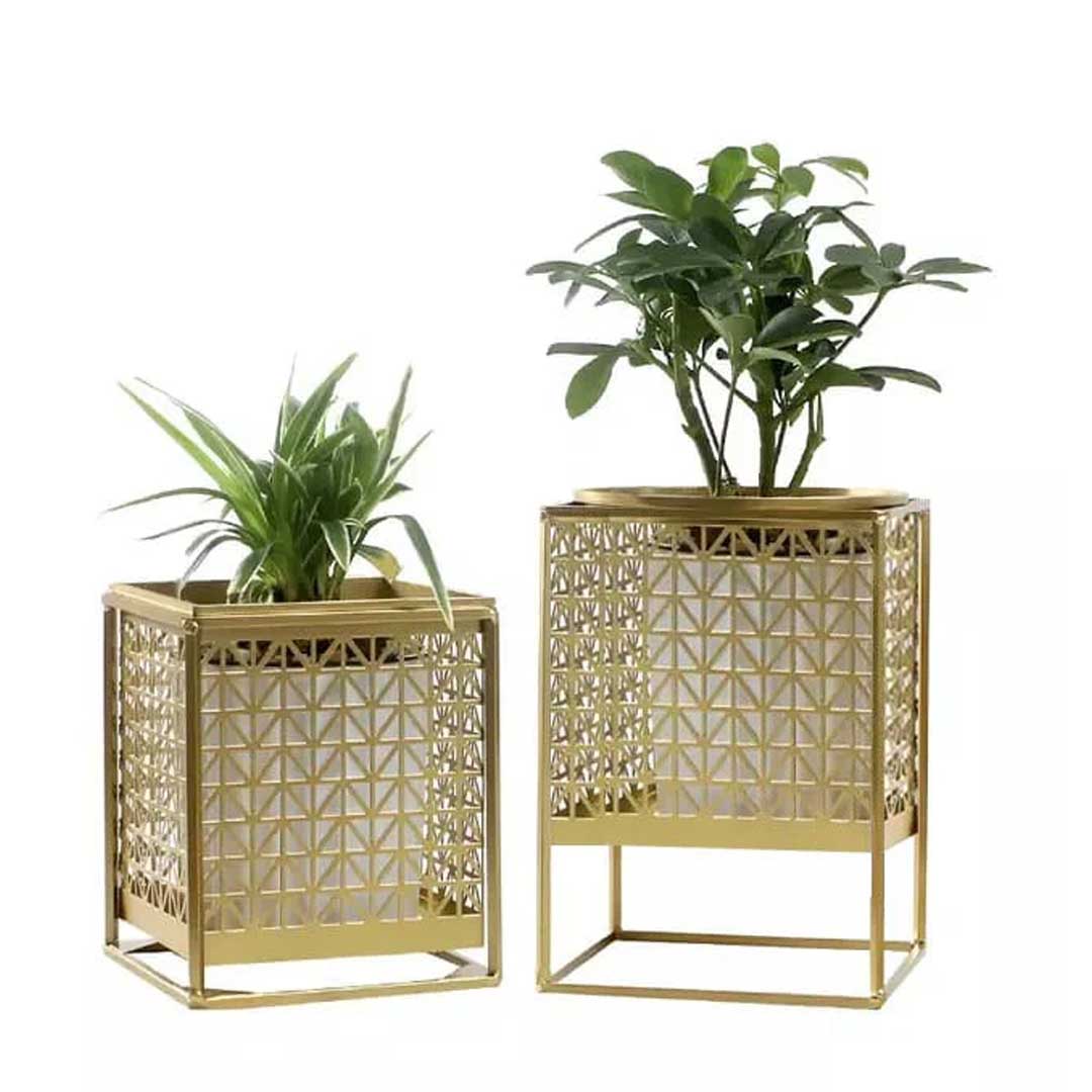 Geometric Gold Metal Planter Set with CNC Cut Design