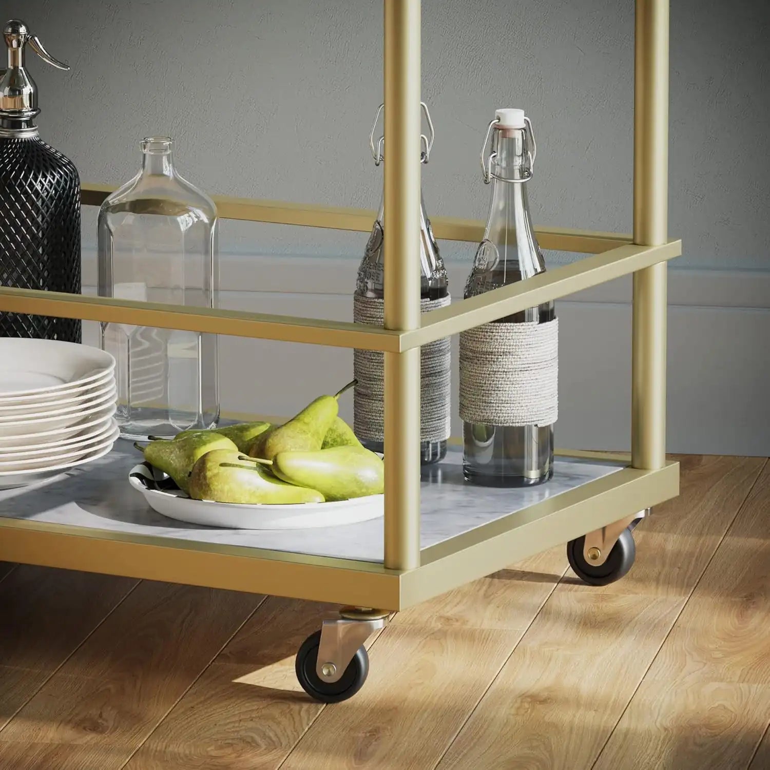 Rolling Bar and Serving Cart 2-Tiered Glass and Gold Metal