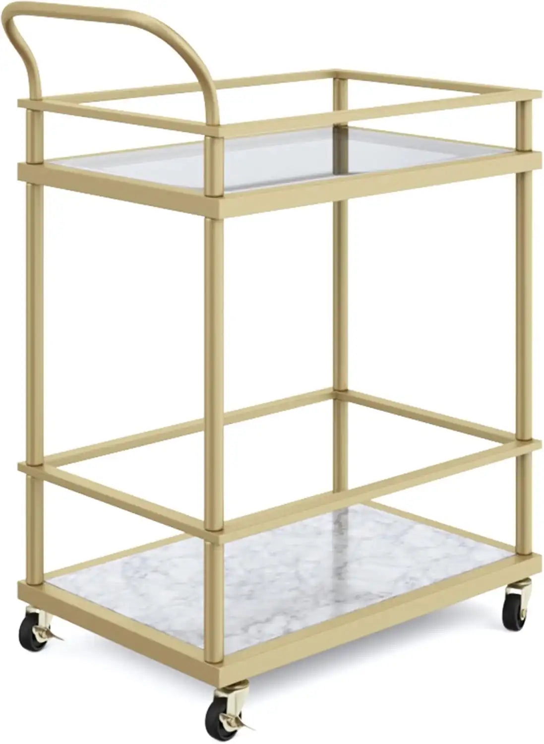 Rolling Bar and Serving Cart 2-Tiered Glass and Gold Metal