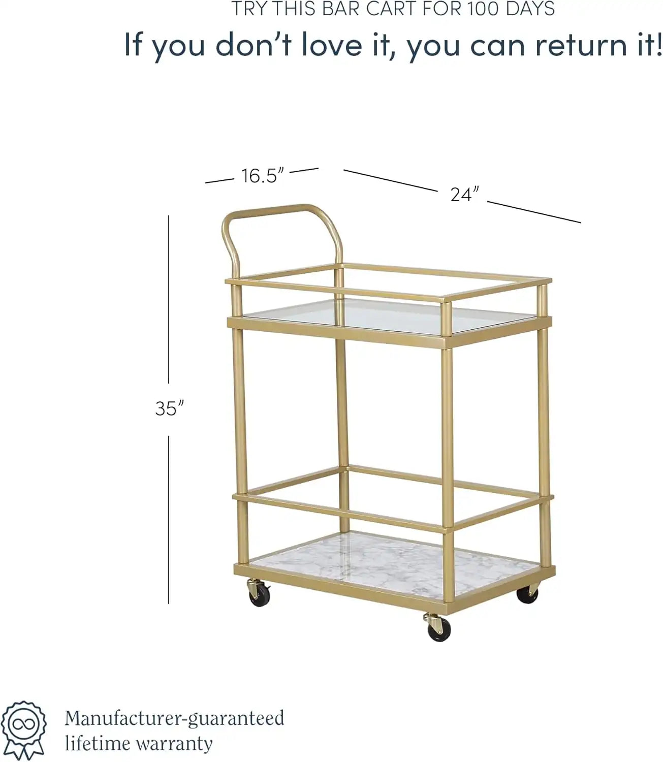 Rolling Bar and Serving Cart 2-Tiered Glass and Gold Metal