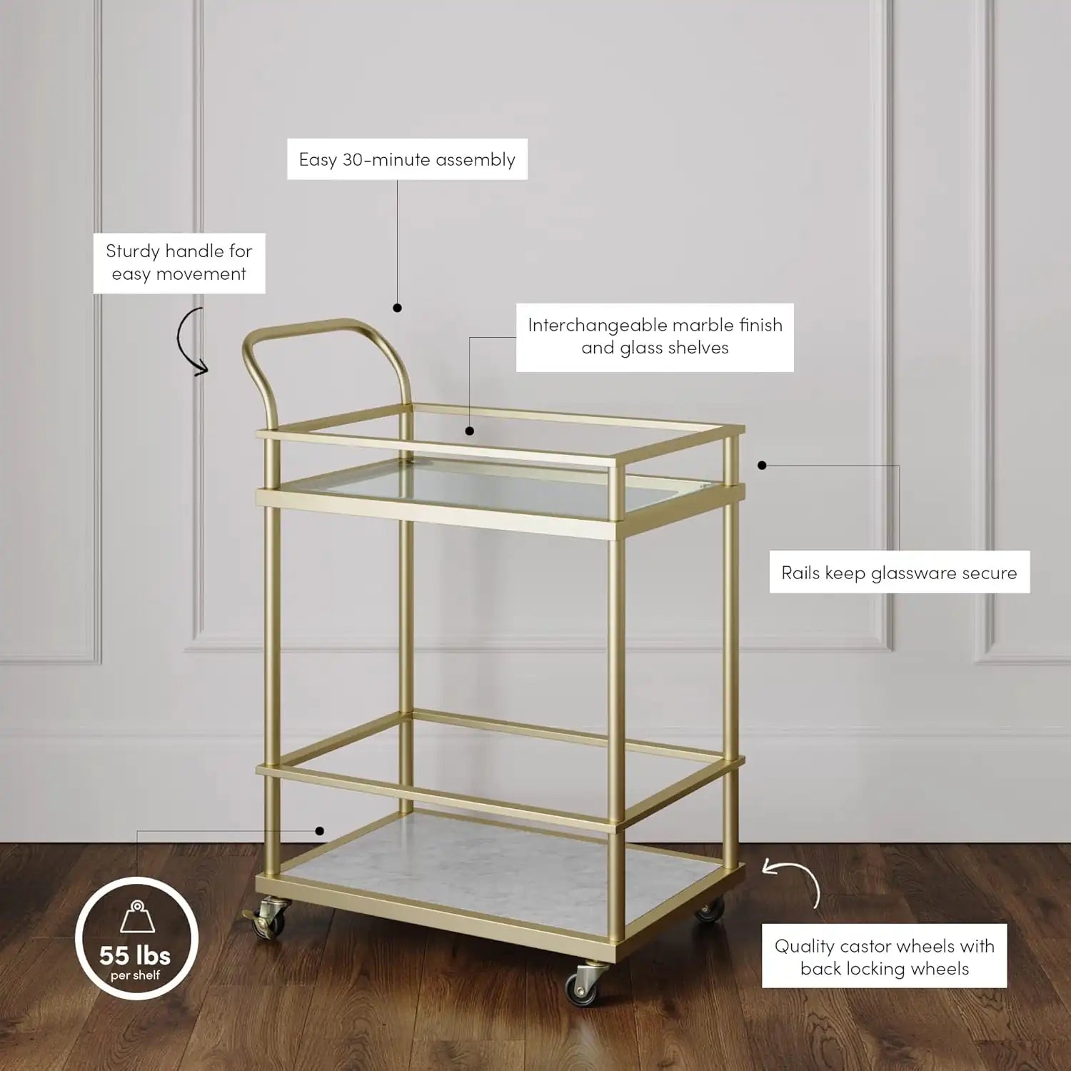 Rolling Bar and Serving Cart 2-Tiered Glass and Gold Metal