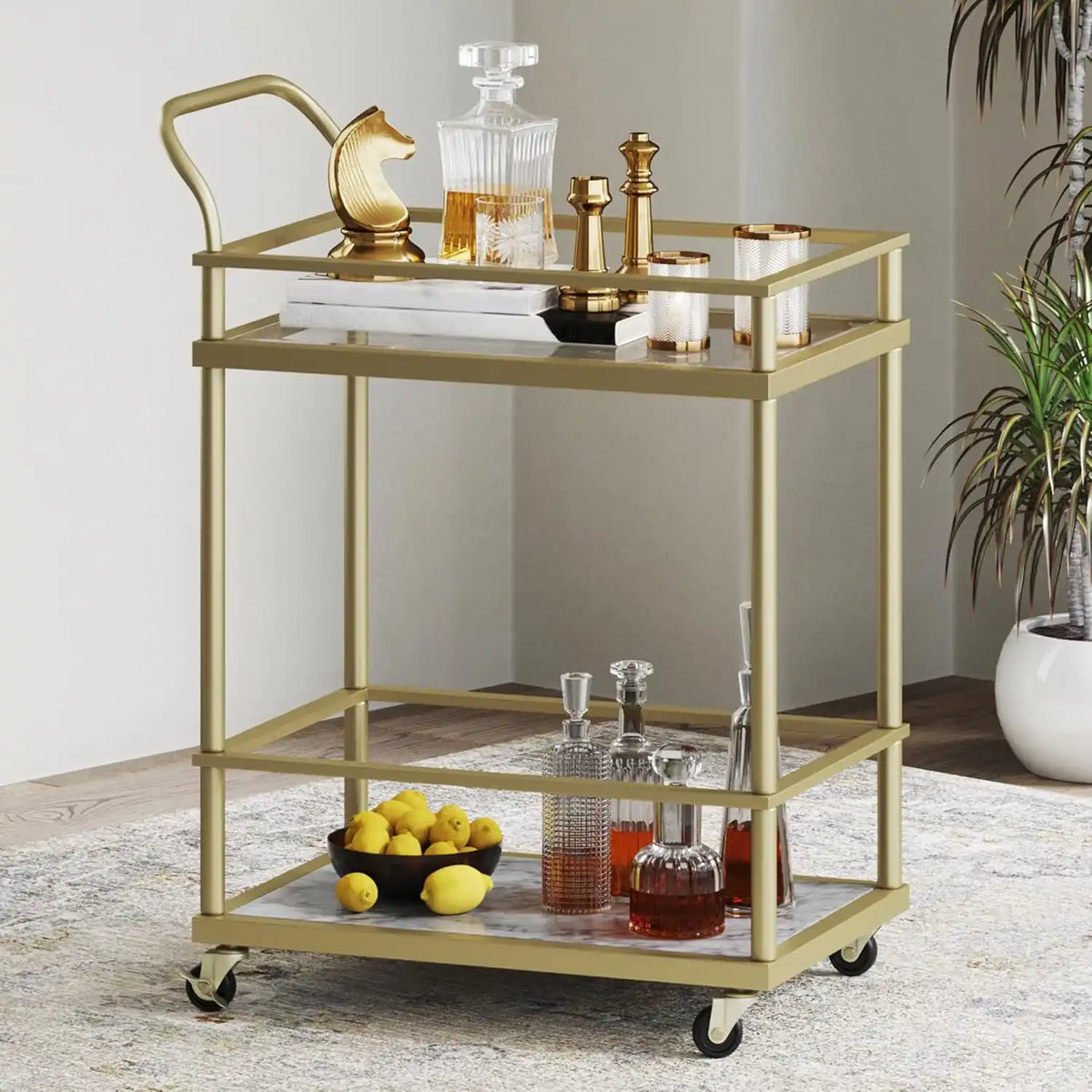 Rolling Bar and Serving Cart 2-Tiered Glass and Gold Metal