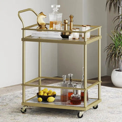 Rolling Bar and Serving Cart 2-Tiered Glass and Gold Metal