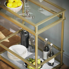 Rolling Bar and Serving Cart 2-Tiered Glass and Gold Metal