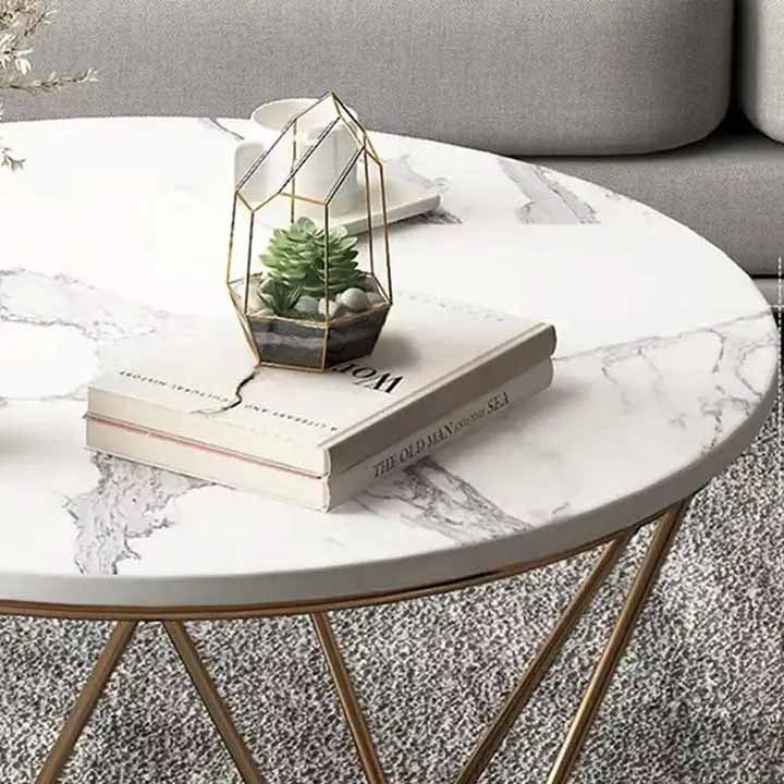 Stylish Gold Finish Center Table with Marble-Style Top