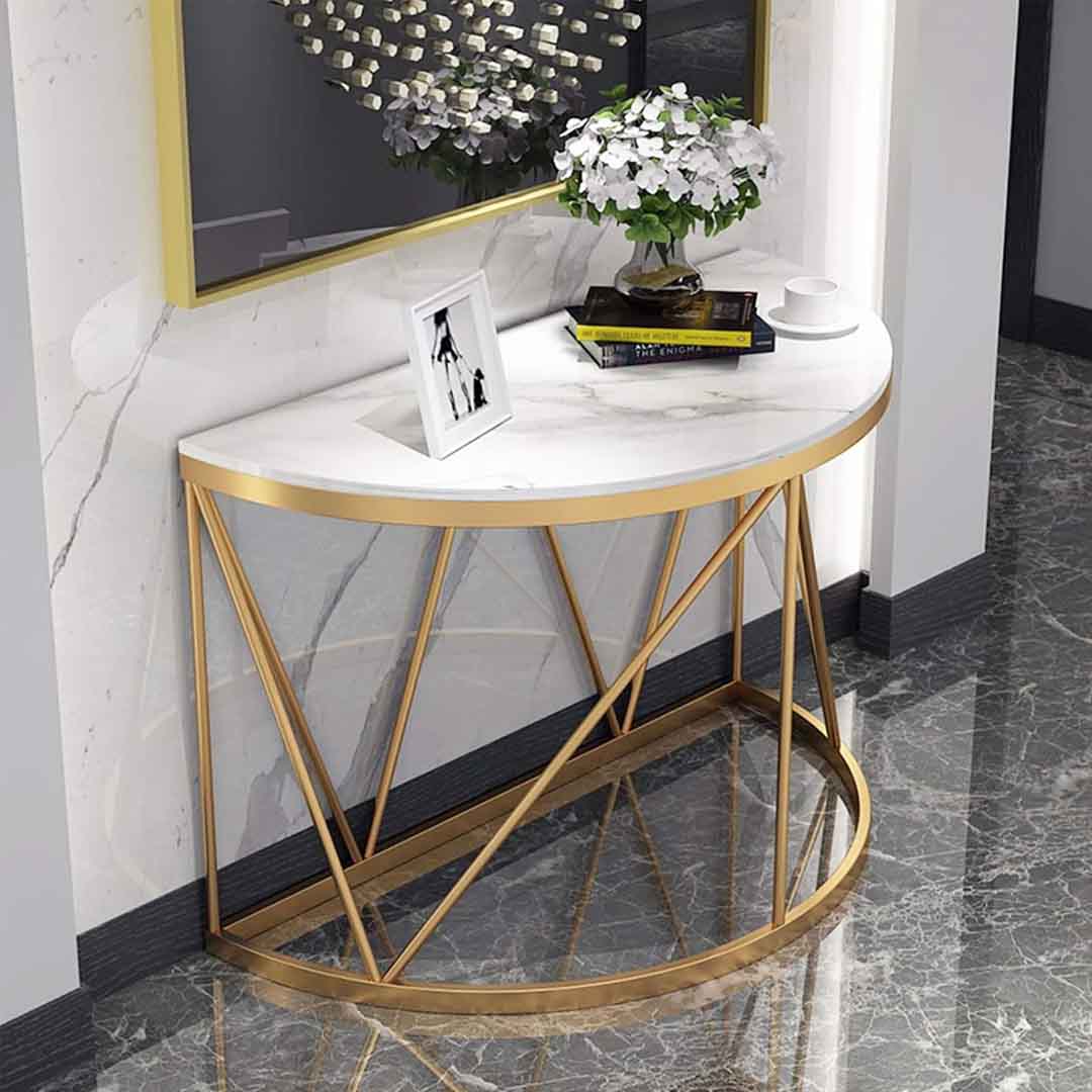 Stylish Console Table with Gold Metal Frame and Marble-Style Top - Luxury Entryway Accent Table