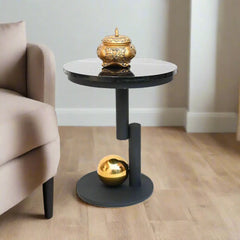 Stylish End Table with Black Metal Frame and Marble-Style Top - Luxury Accent Table