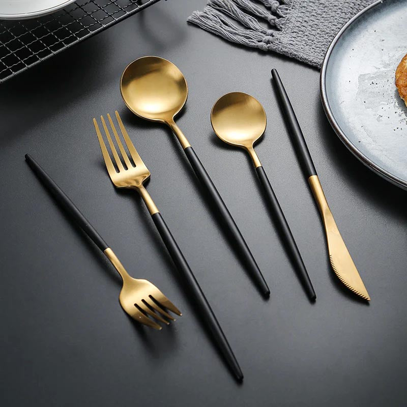 Modern Gold and Black Cutlery Set – Luxury Stainless Steel Flatware for 6 People - 24 Piece Set