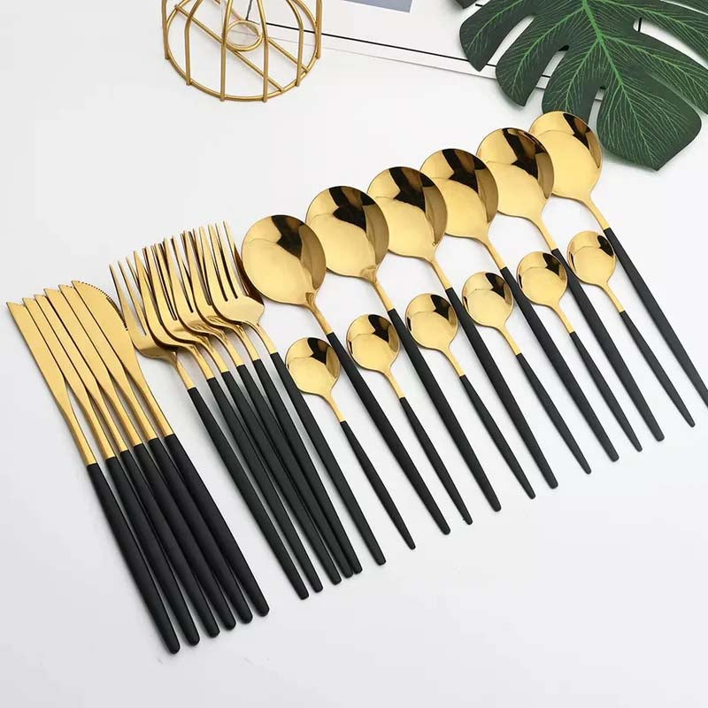 Modern Gold and Black Cutlery Set – Luxury Stainless Steel Flatware for 6 People - 24 Piece Set