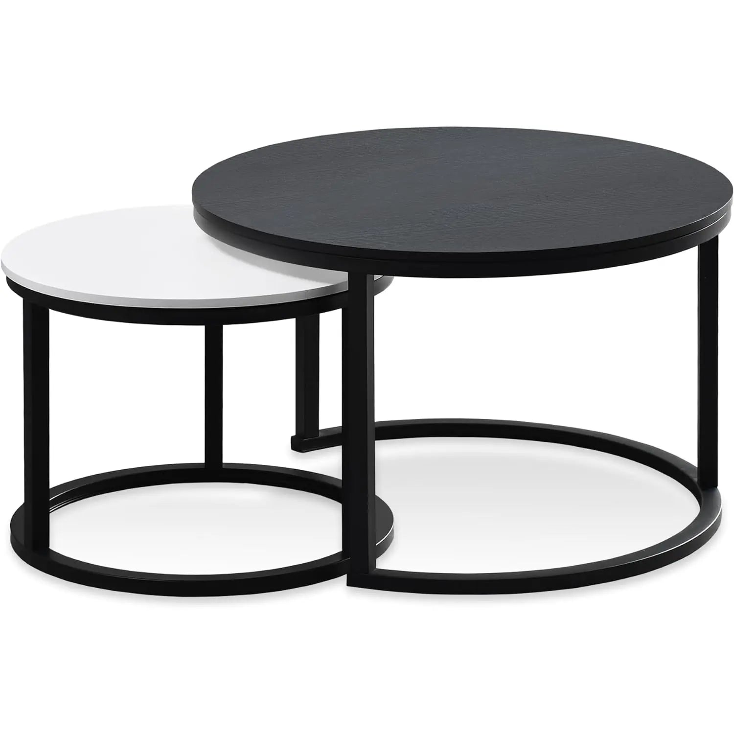 Modern Round Nesting Coffee Table Set Metal Frame for Living Room White and Black