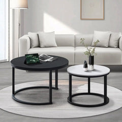 Modern Round Nesting Coffee Table Set Metal Frame for Living Room White and Black