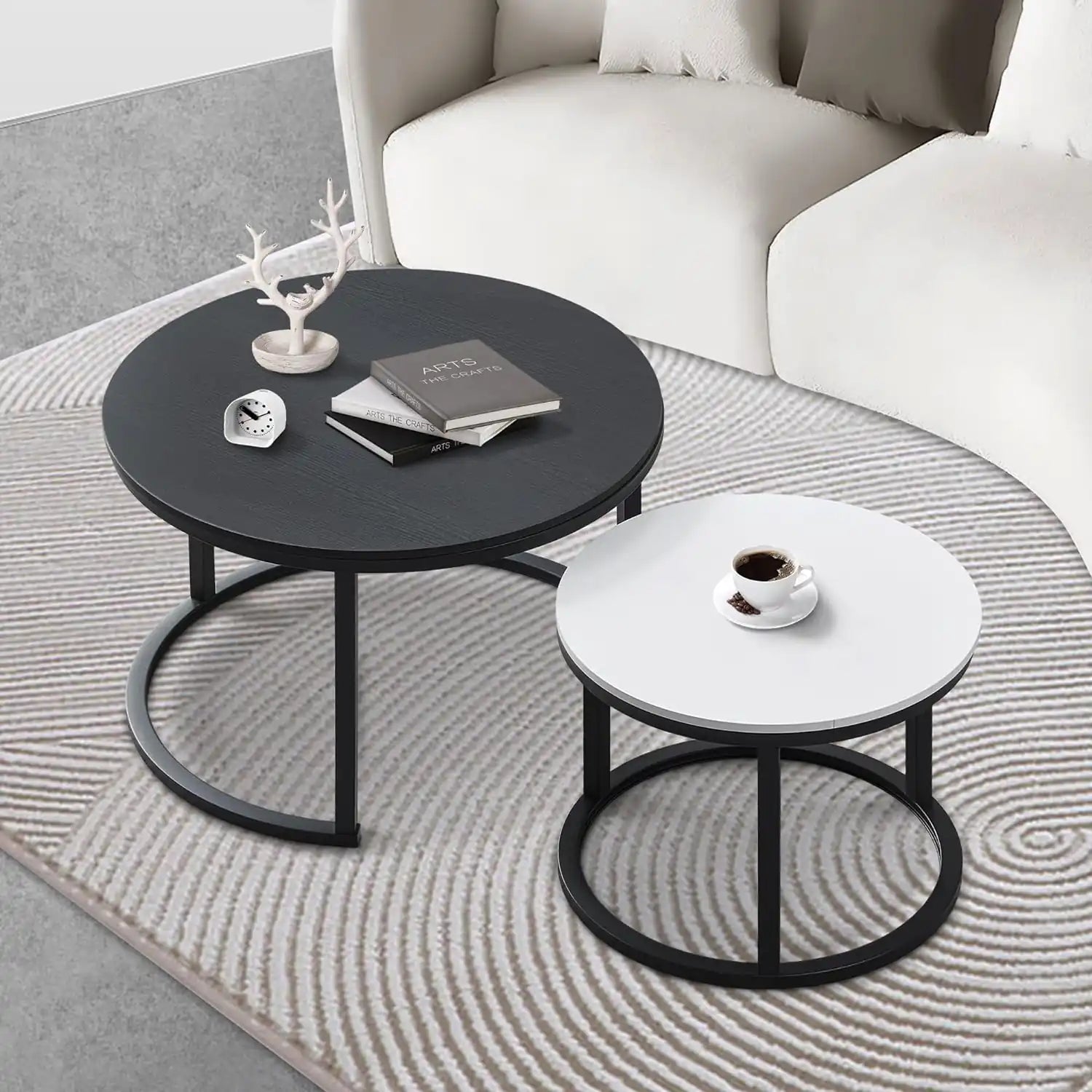 Modern Round Nesting Coffee Table Set Metal Frame for Living Room White and Black