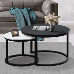 Modern Round Nesting Coffee Table Set Metal Frame for Living Room White and Black