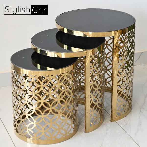 Elegant CNC Design Nesting Tables with Gold Finish and Black Glass Tops