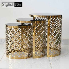 Elegant CNC Design Nesting Tables with Gold Finish and Black Glass Tops