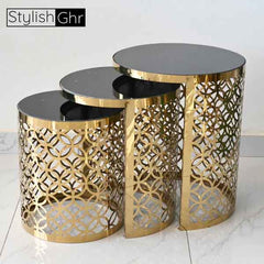 Elegant CNC Design Nesting Tables with Gold Finish and Black Glass Tops