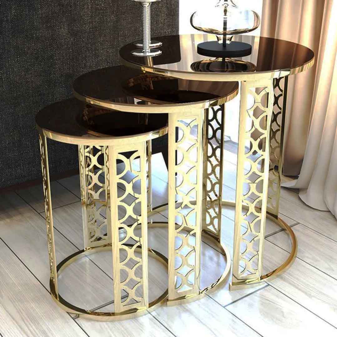 Stylish Table with Gold Plated and Bronze Mirror Top - Luxury Nesting Table